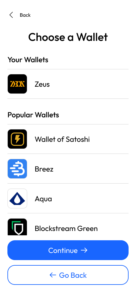 Lightning Wallet Selector UI