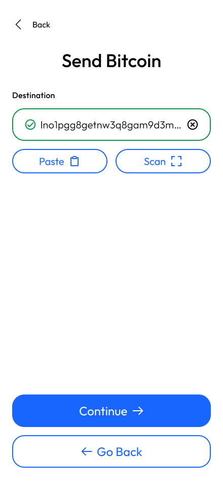 Bitcoin address input filled with a BOLT 12 offer