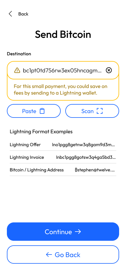 Bitcoin address input filled with a P2TR address