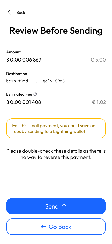 Review screen with amount, destination, estimated fee, and fee
